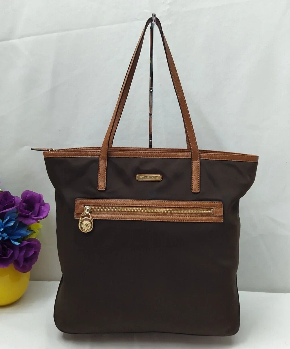 Michael Kors Brown Nylon Leather Trim Double Handles Tote Shoulder Bag